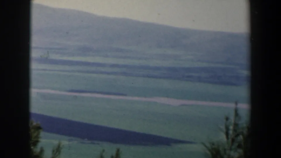 1960 Israel 8mm frame with distant grassy ridges, soft haze, and tree tops framing the lower edge.