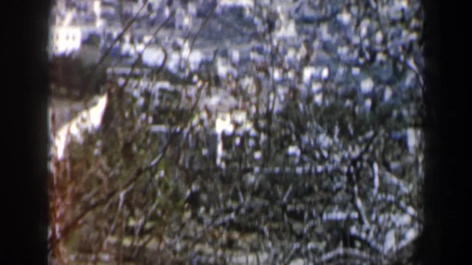 1960 Israel home-movie frame showing hillside buildings partly obscured by foreground branches and dark film borders.