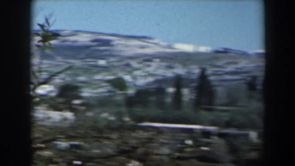 Soft 8mm frame of an Israeli hillside landscape with sparse vegetation, rocky ground, and a pale sky.