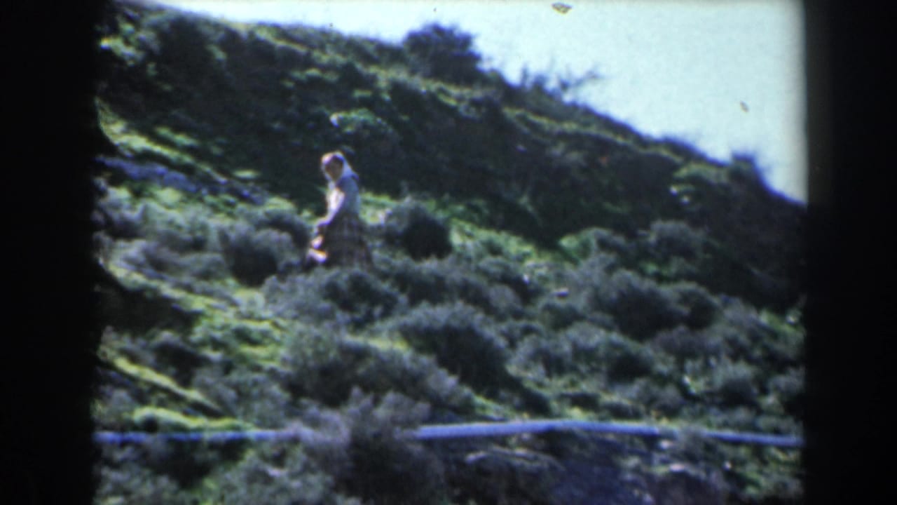In 1960s Israel, a headscarfed woman appears on a sunlit hillside with low shrubs and rocky ground.