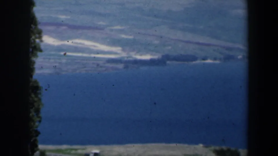 1960 Israel home-movie frame with blue coastal water, pale shoreline, a strip of trees, cultivated land, and a partial road near the bottom edge.
