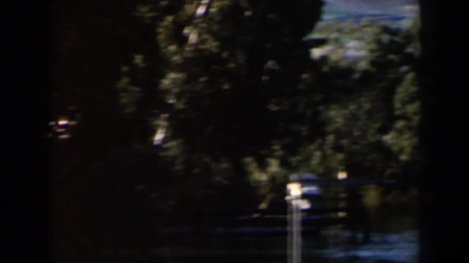 1960 Israel home-movie frame looking through shaded trees toward water, with a partial railing or fence and distant blue coastline.