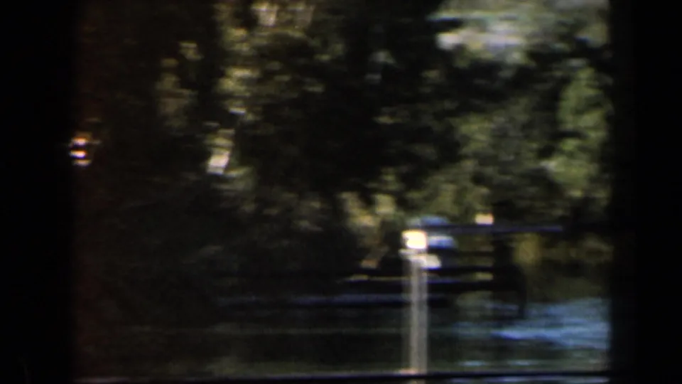 1960 8mm Israel travel footage showing a shaded river edge with trees, reflective water, and dark vertical foreground bands.