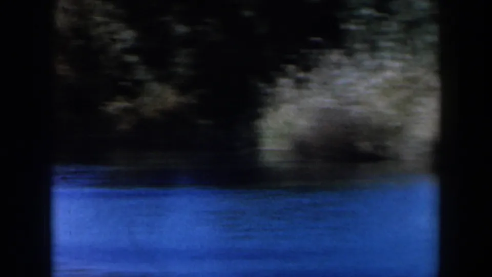 1960 Israel home-movie frame showing blue lake water and a dark wooded bank, softened by motion blur and film grain.