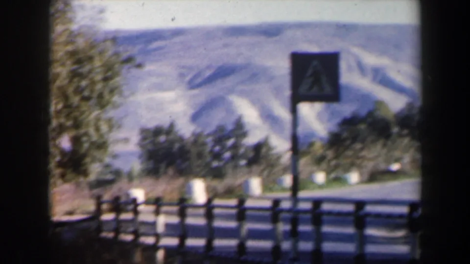Soft 1960 Israel travel frame showing a pedestrian sign by a road, dark fence rails, trees, and mountain slopes through 8mm grain.