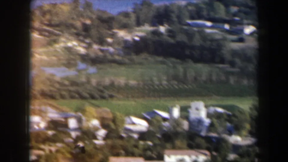 1960 Israel home-movie view of a town edge with white structures, green fields, trees, and small waterways.