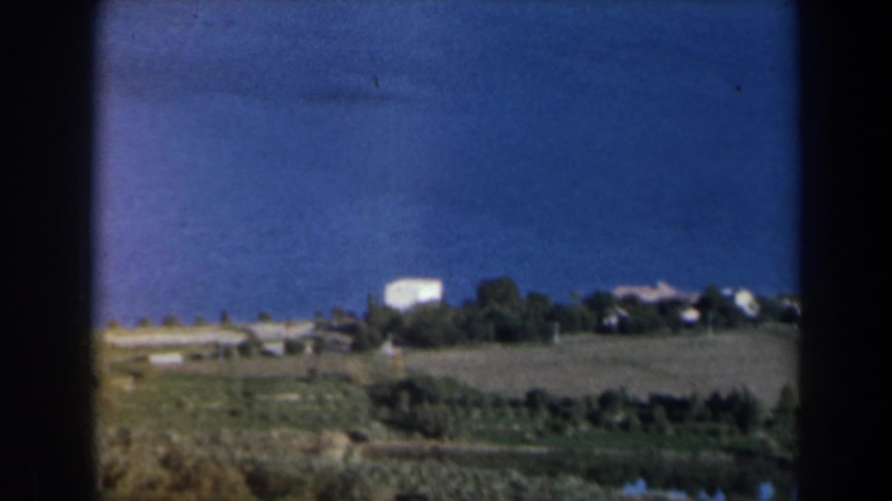 1960 Israel home-movie view of open farmland with dark tree lines and pale buildings on the horizon.