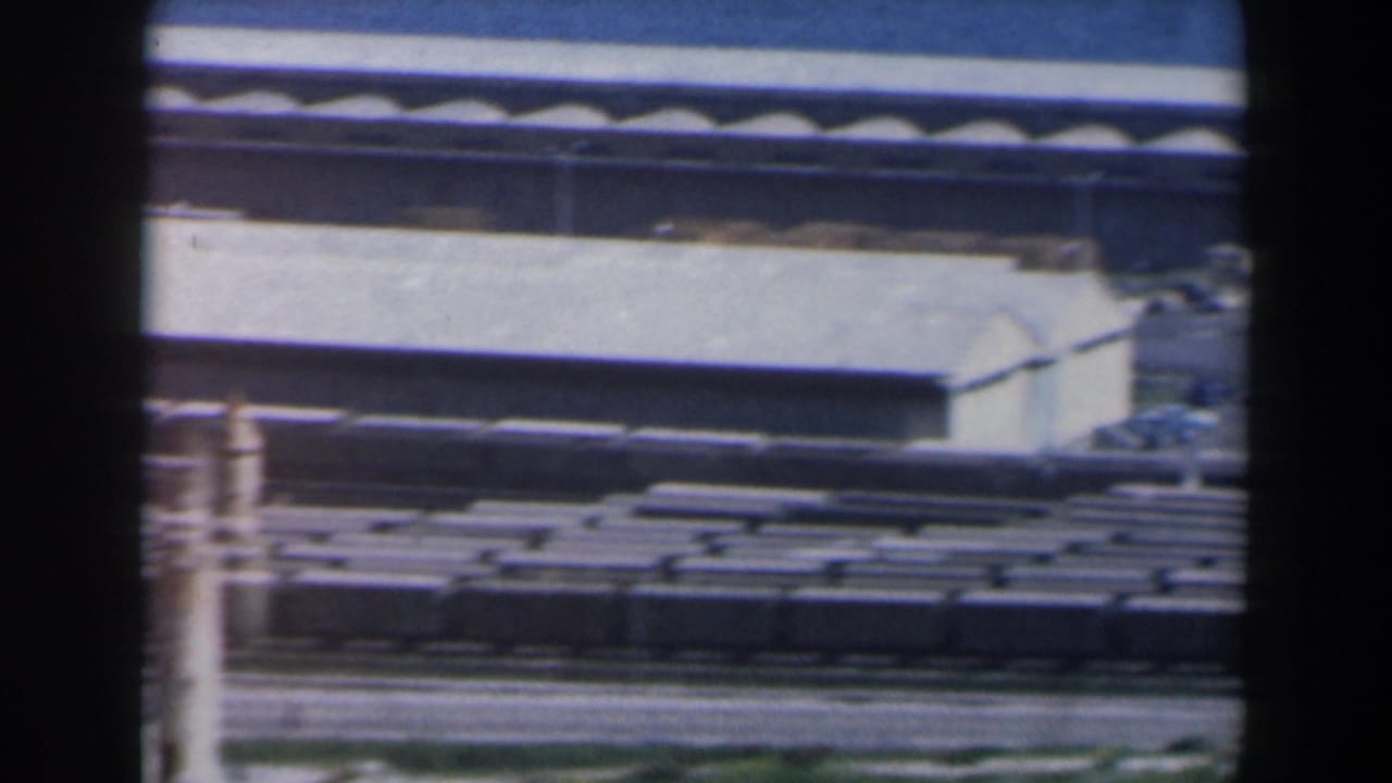 Rows of freight cars in front of low industrial buildings and rail lines.