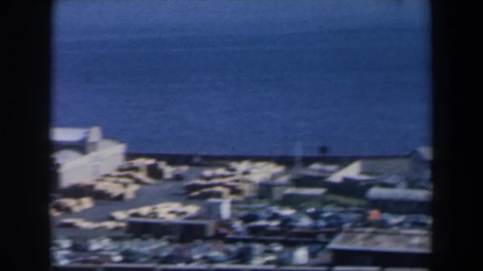 1960 Israel coastal industrial view showing low waterfront structures, open water, small vessels, and a hazy shoreline.
