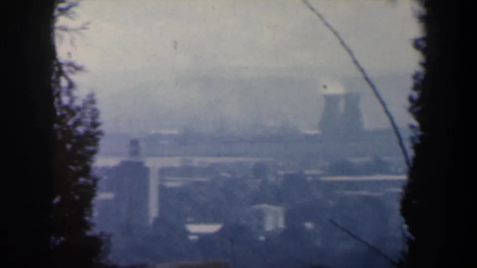 1960 Israel home-movie frame showing a hazy industrial cityscape framed by dark trees and distant plant structures.