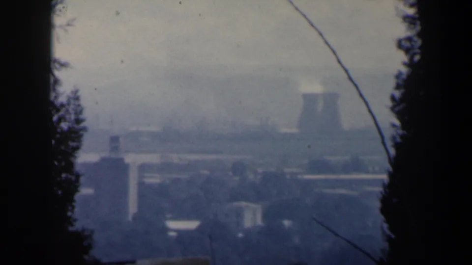 Hazy 1960 Israel skyline with industrial structures and a distant plant-like form between dark foreground trees.