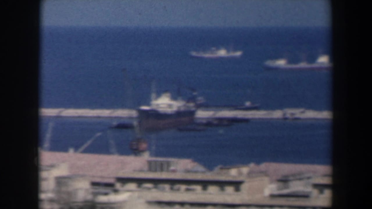 Cargo vessel near a pier with smaller boats and ships offshore.