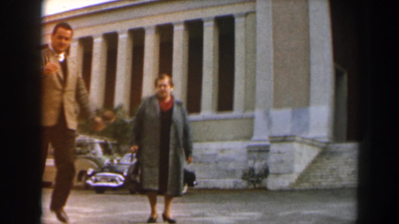 Man in a light jacket and woman in a dark coat standing before a columned building and parked cars.