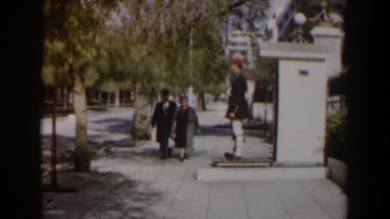 Couple walking on a tree-lined sidewalk near a uniformed guard and small post.