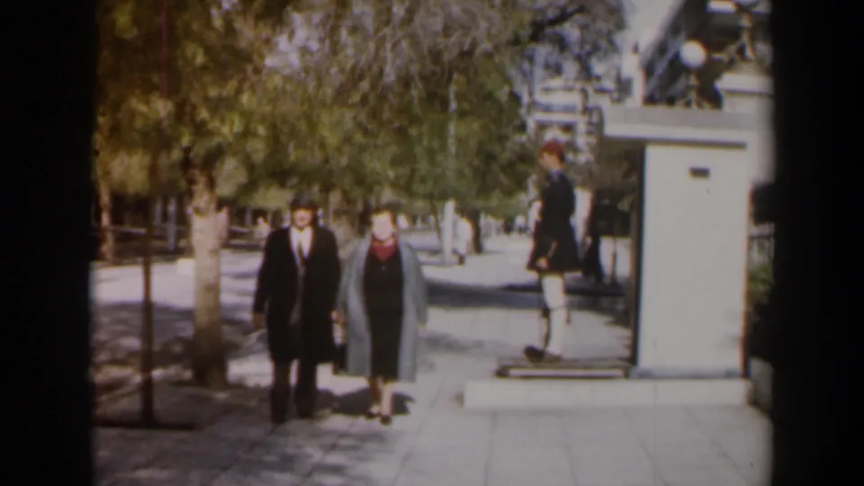 Near the end of the shot, the couple is close in frame on the walkway while the guard and post remain in the right background.
