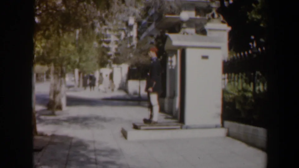 1960 Israel street view with a guard at a sentry box, trees overhead, and distant pedestrians on the sidewalk.