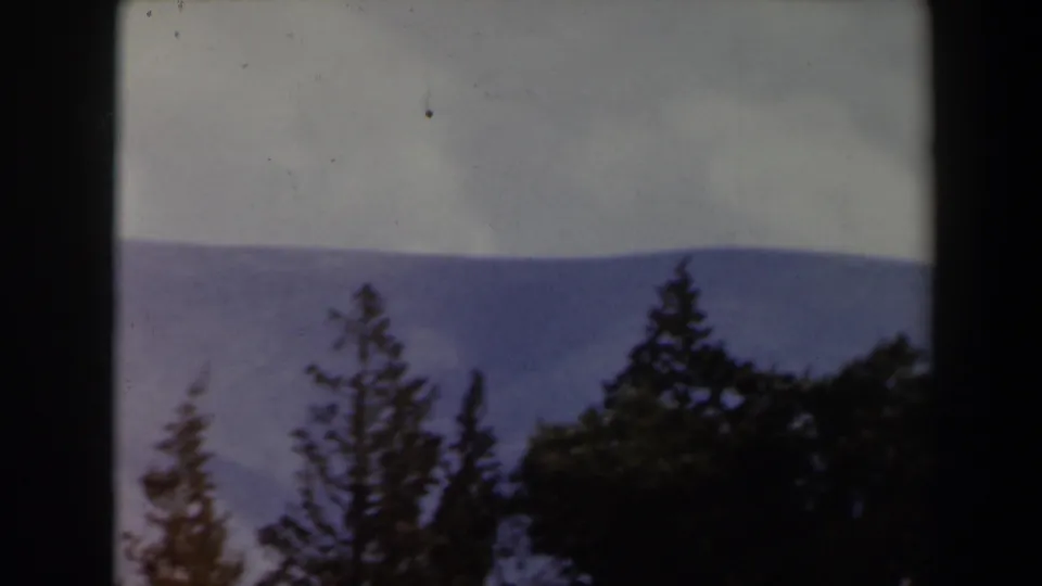 1960 8mm Israel countryside view with dark conifers in front of layered blue-gray mountain ridges.