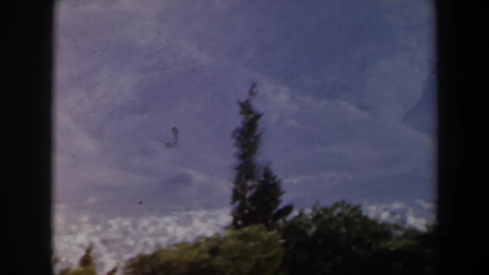 1960 Israel 8mm frame showing hazy hills, foreground trees, and distant hillside buildings within dark projected-film edges.