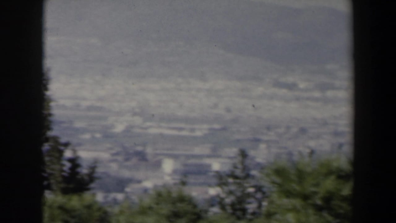 Soft 8mm view across an Israeli valley with trees in the foreground and a dark frame edge dividing the scene.