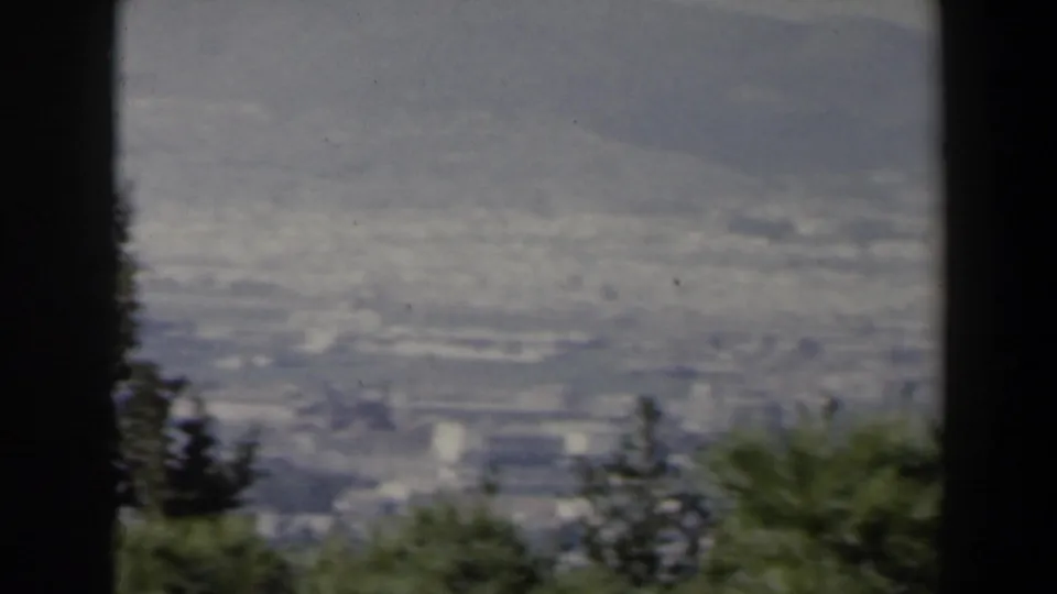 Soft 8mm view across an Israeli valley with trees in the foreground and a dark frame edge dividing the scene.