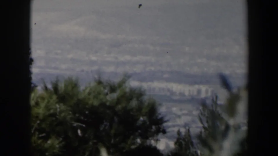 1960 Israel home-movie frame showing a distant city and hills through foreground foliage and dark film edges.