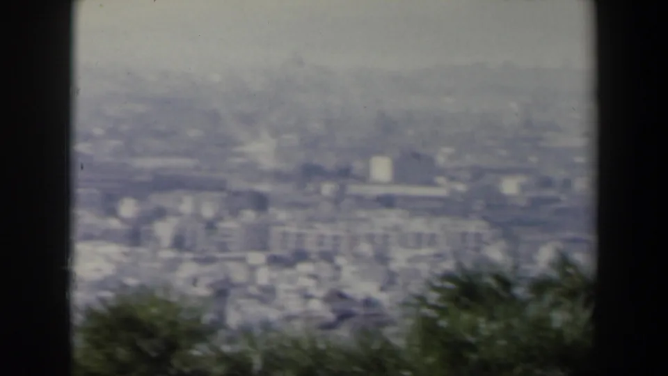 Soft 8mm view across an Israeli city in 1960, with distant buildings, hills, and foreground bushes.