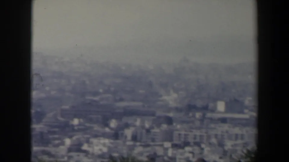 Distant 1960 Israel urban landscape, softly focused with low buildings, hills, haze, and foreground vegetation.