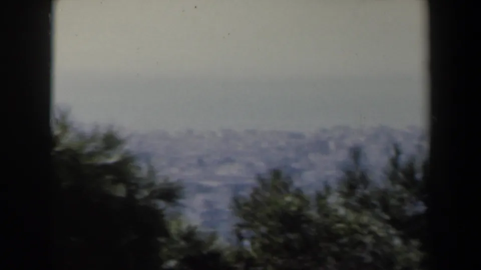1960 8mm hilltop view in Israel with foreground shrubs, distant buildings, and a muted horizon.
