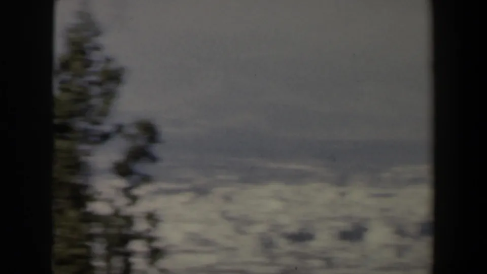1960s Israel home-movie frame showing a snow-covered valley and hazy mountain slopes behind a dark foreground frame and conifer.