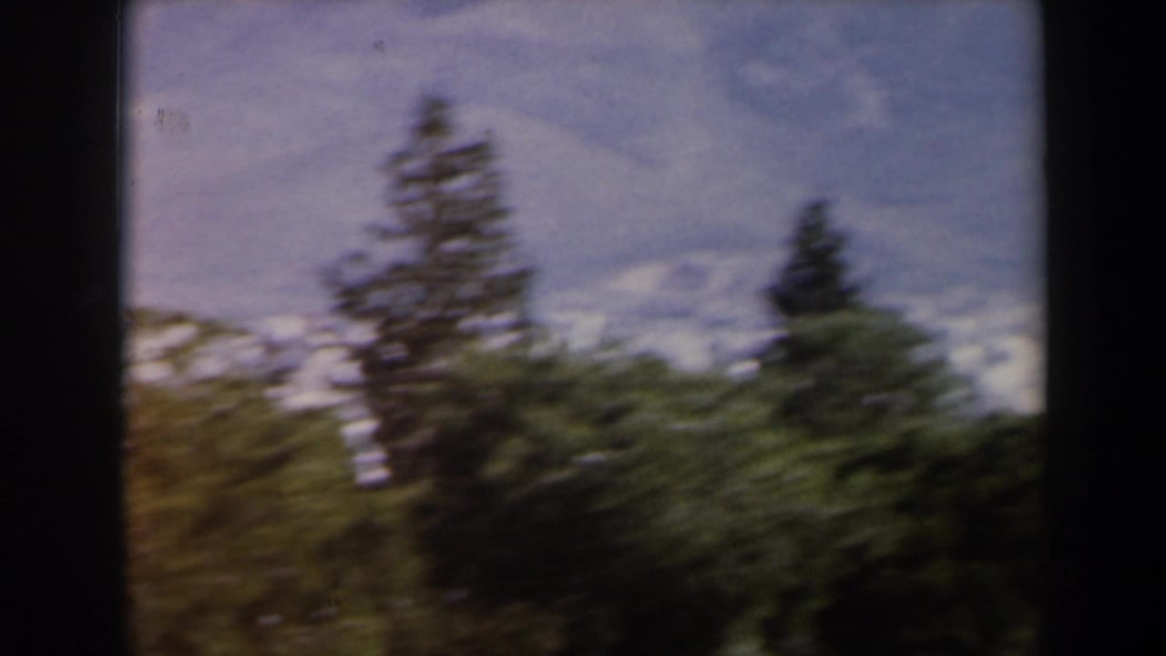 Blurred trees and mountain slopes seen through dark film borders.