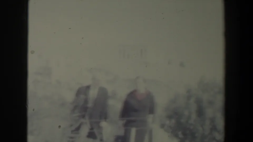 The couple remains posed outdoors in bright 1960s Israel footage, with trees and a distant pale structure behind them.