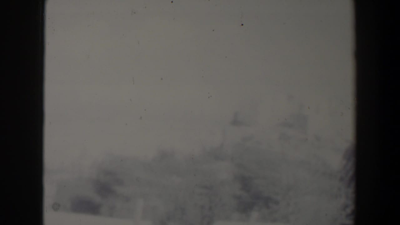 A faint outdoor view shows bushes, pale ground and a distant low building within the film frame.