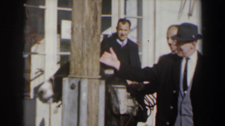 1960s Israel home-movie frame with two adult men near a donkey, one gesturing in front of a post and building wall.