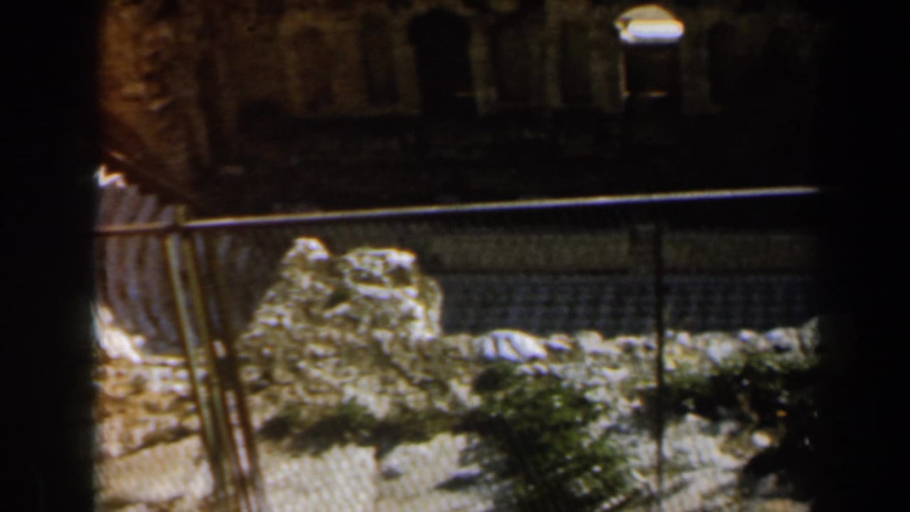 Iron fence in front of pale stones, plants, and dark stone buildings.