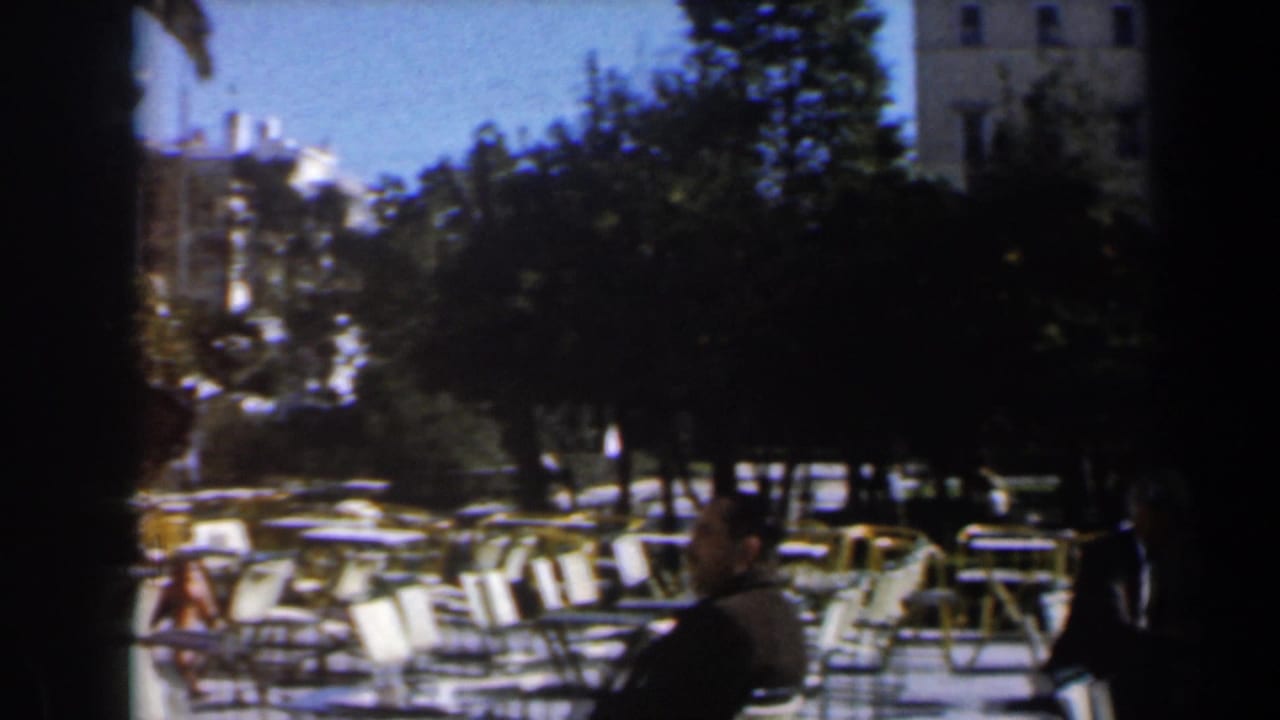 Shaded outdoor cafe or park area in Israel, seen through a dark frame, with rows of empty chairs and tables under trees.
