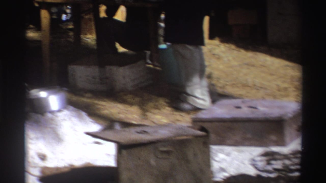 Tent kitchen area with metal pots, white ash, trunks, and a partially visible person.