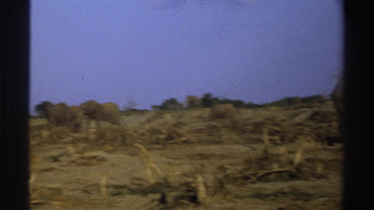 1969 South Africa 8mm frame showing dry cleared ground, sparse brush and a distant elephant under a bright blue sky.
