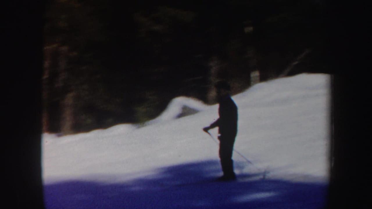 A dark-clothed adult skier pauses or turns on a bright snowy Vermont slope, framed by trees.