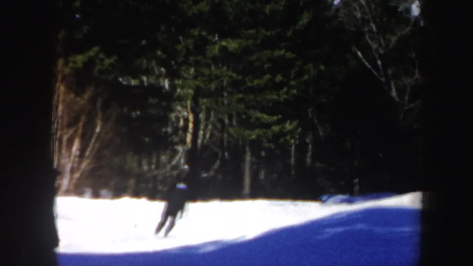 A distant adult skier descends a snowy Vermont slope below dense evergreens in 1962 8mm footage.