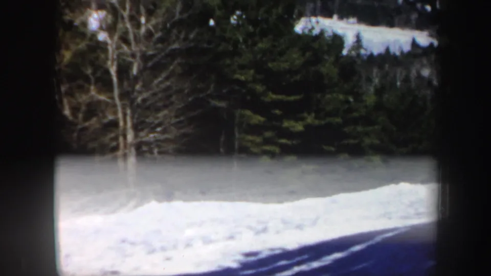 1962 Vermont home-movie frame showing snow piled beside a wooded ski slope with evergreens, bare trees, and strong winter light.