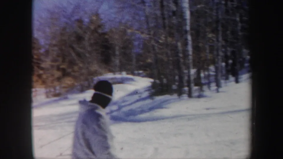 A bundled person in a light jacket and dark knit cap faces a snowy wooded Vermont slope near the end of the clip.