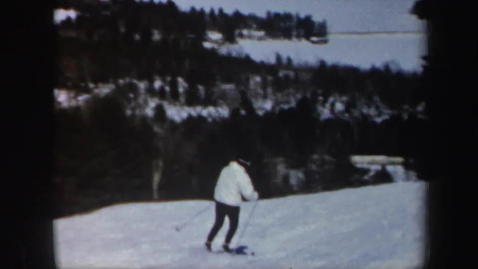 The white-jacketed adult skier descends a snowy Vermont slope, with wooded hills and a distant bright water or snow-covered area beyond.
