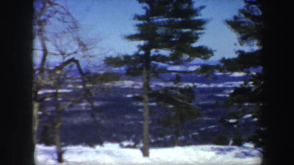 1962 Vermont home-movie frame showing a snow-covered foreground, leafless trees, evergreens, and distant hills in winter light.