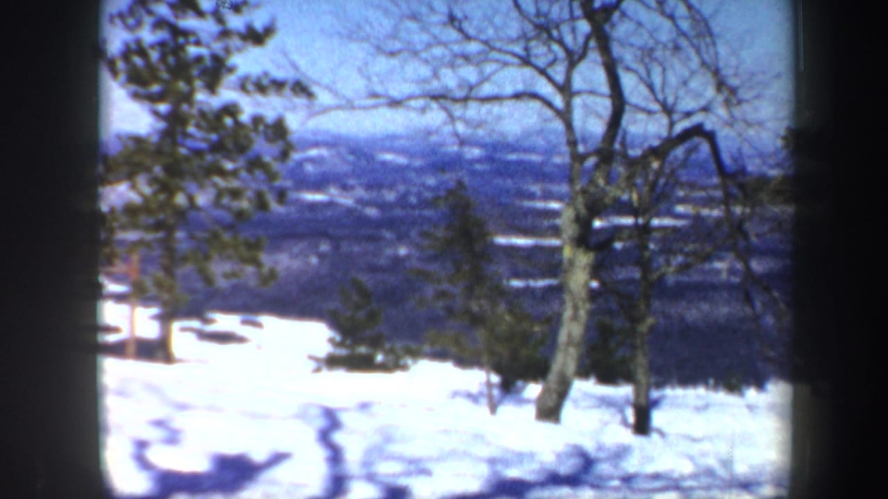 1962 Vermont winter view with a snow-covered foreground, bare trees, evergreens, and hazy hills in the distance.