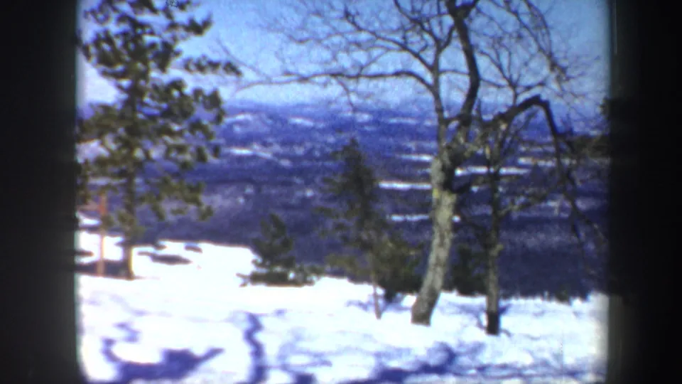 1962 Vermont winter view with a snow-covered foreground, bare trees, evergreens, and hazy hills in the distance.