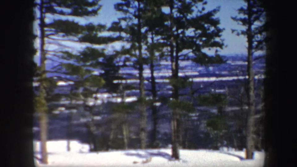 Pine trees rise from a snowy Vermont viewpoint as the camera looks toward distant winter hills beneath a clear blue sky.