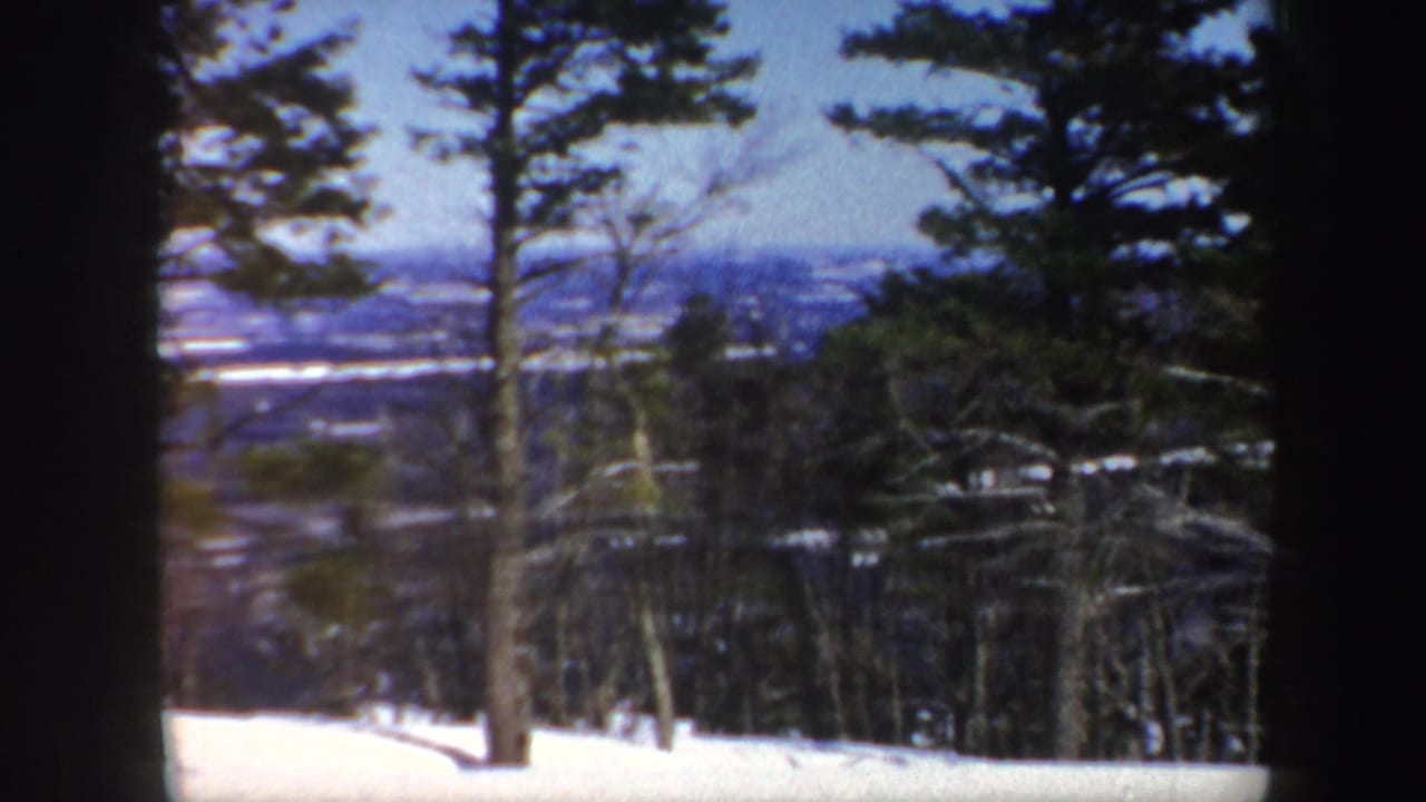 1962 Vermont 8mm frame with tall winter trees in the foreground and a frozen lake or river stretching across the distance.