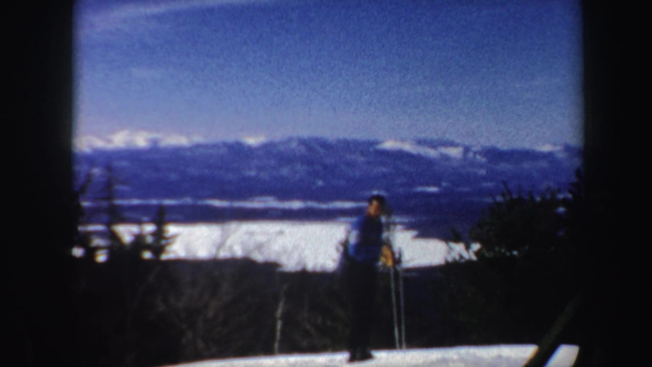 Lone skier standing on a snowy overlook with lake and mountains beyond.