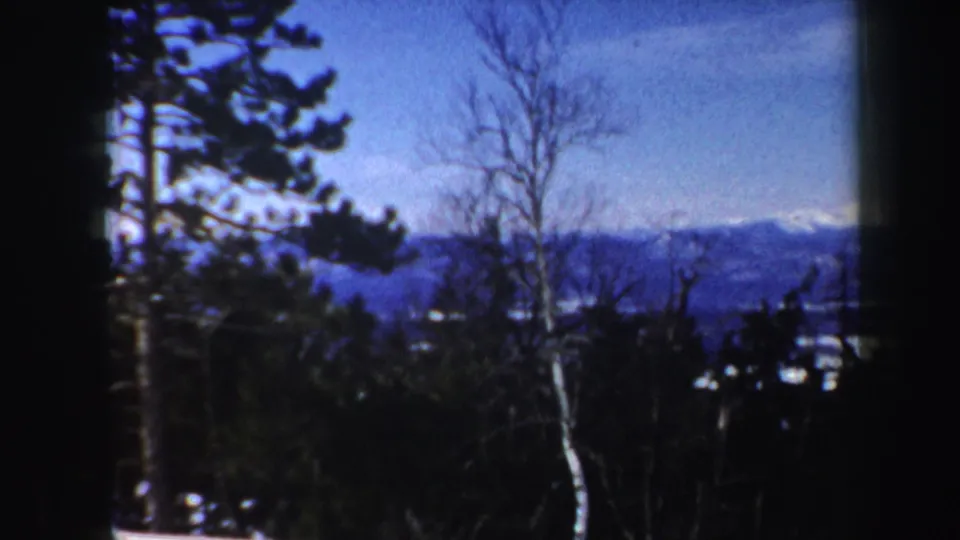 Vermont 8mm winter view of dark evergreens and bare trees foregrounding a lake and distant snow-covered mountains.