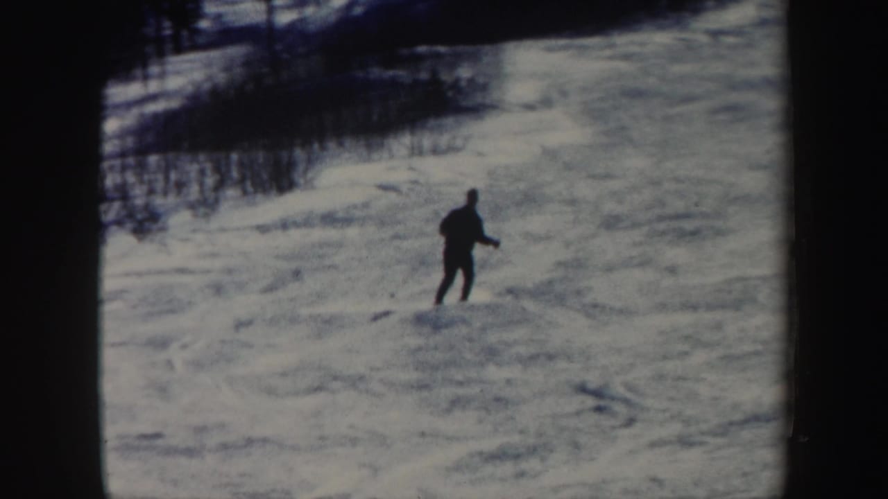 Distant skier standing or gliding on a snowy hillside near trees.